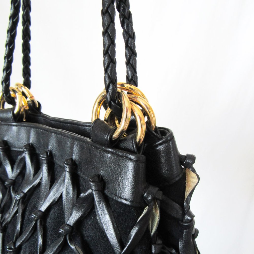 VINTAGE Tiannl Italian Black Suede Leather Purse Shoulder Bag Classic Gold - Picture 7 of 10